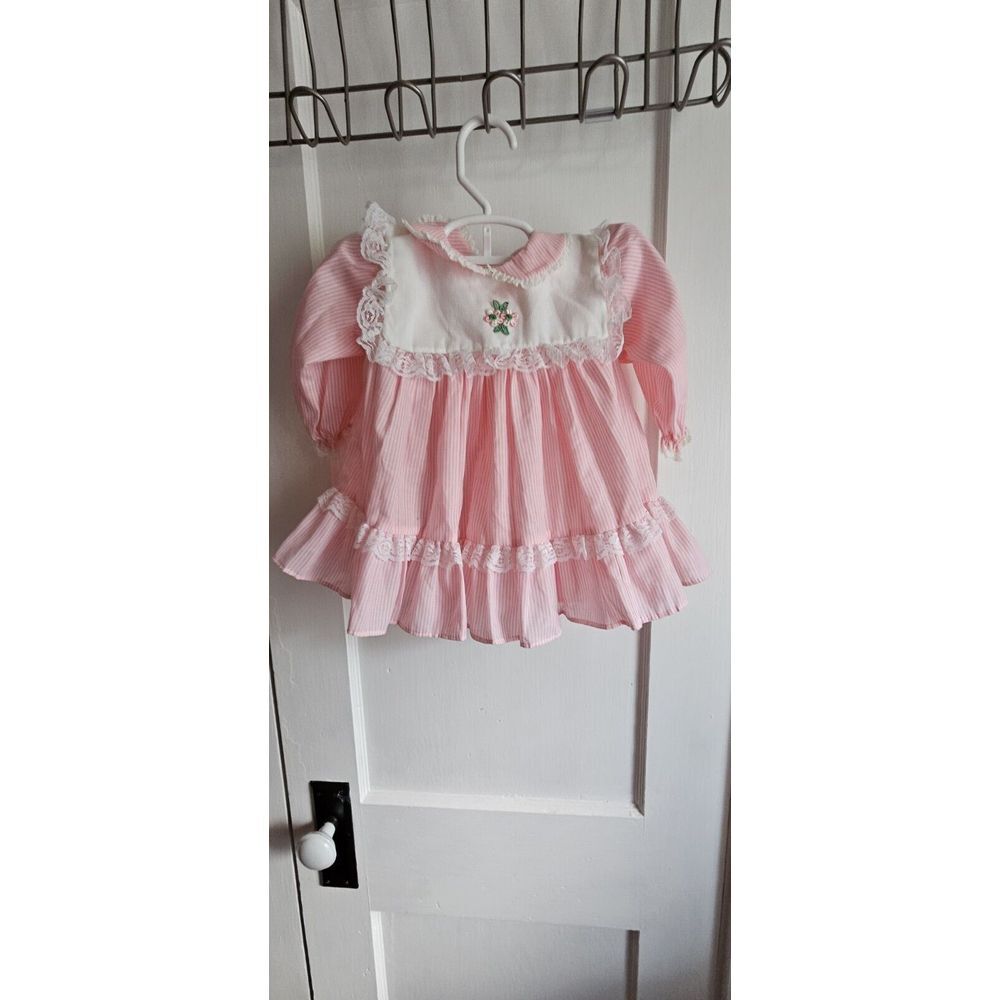 Vtg Bryan Pinafore Ruffle Lace Pink White stripeBaby Girl Bib Dress Sz 18 Months
